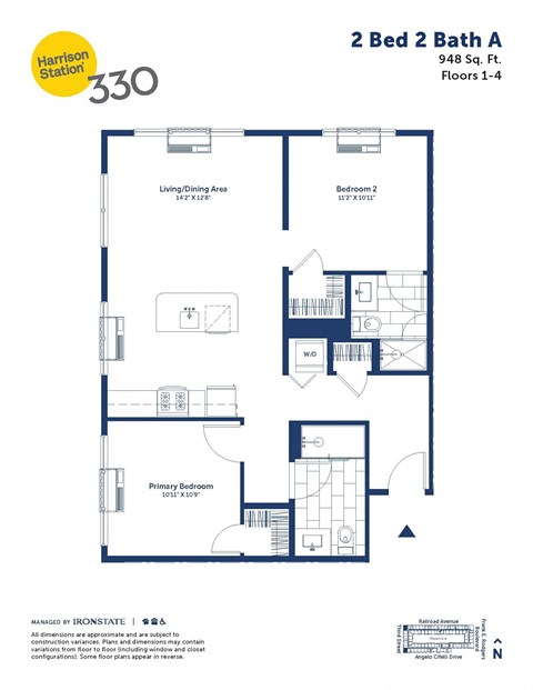 Floor plan for 2 beds, 2 baths, 948 sqft